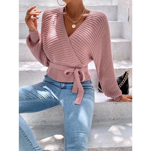 Surplice Neck Cut Out Back Batwing Sleeve Knot Front Sweater pink - Picture 3 of 6